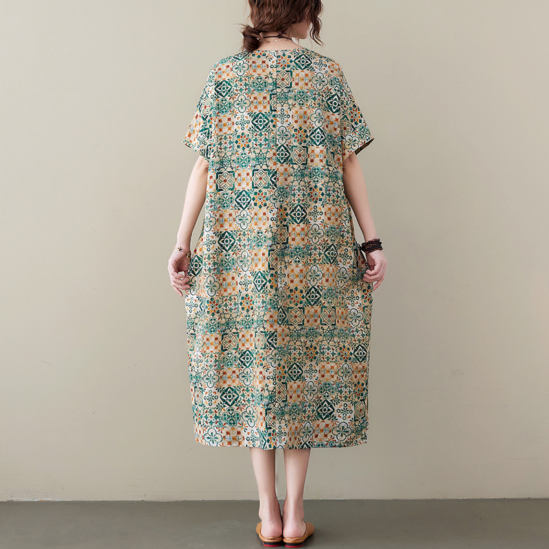 Rochie A-line, imprimeu, poliester, mâneci 3/4, fără guler, lungime midi