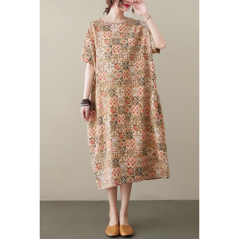 Rochie A-line, imprimeu, poliester, mâneci 3/4, fără guler, lungime midi