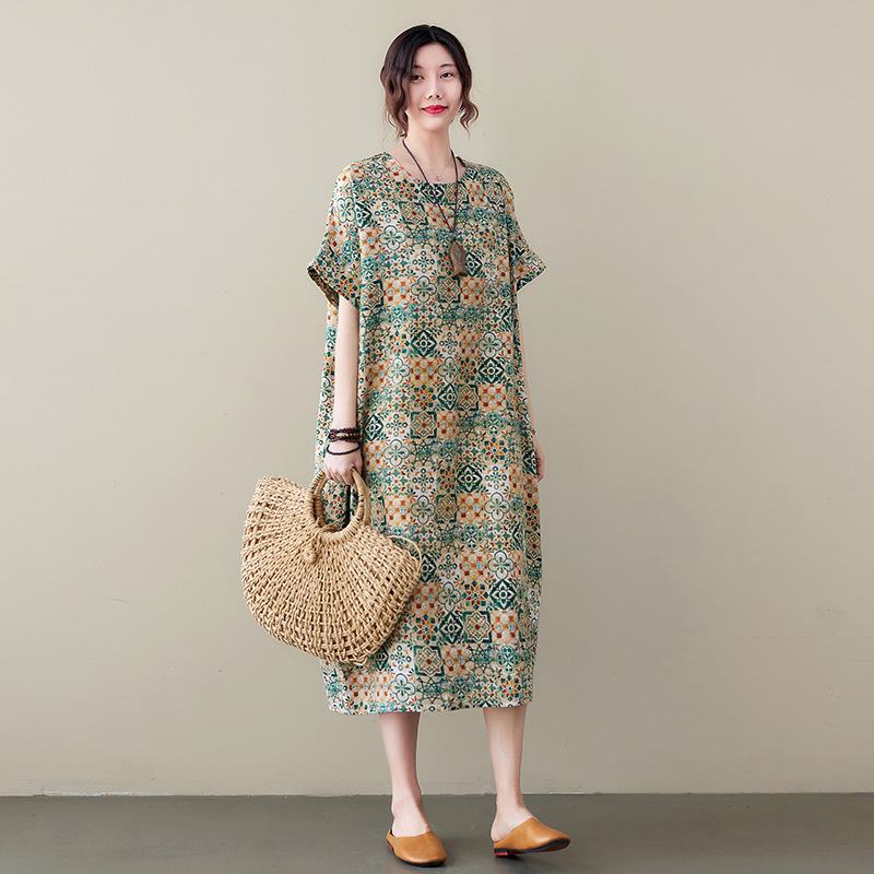 Rochie A-line, imprimeu, poliester, mâneci 3/4, fără guler, lungime midi