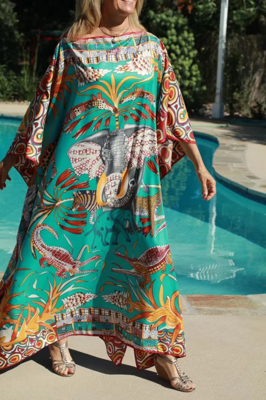 Μακριά φόρεμα με μανίκια τύπου bat, ethnic ρετρό σιλουέτα, ύφασμα πολυεστερικό σατινέ, επένδυση πολυεστερική, βάρος υφάσματος 280 g/m²