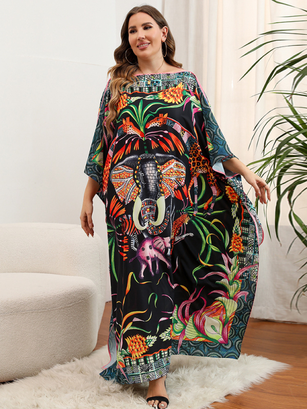 Μακριά φόρεμα με μανίκια τύπου bat, ethnic ρετρό σιλουέτα, ύφασμα πολυεστερικό σατινέ, επένδυση πολυεστερική, βάρος υφάσματος 280 g/m²