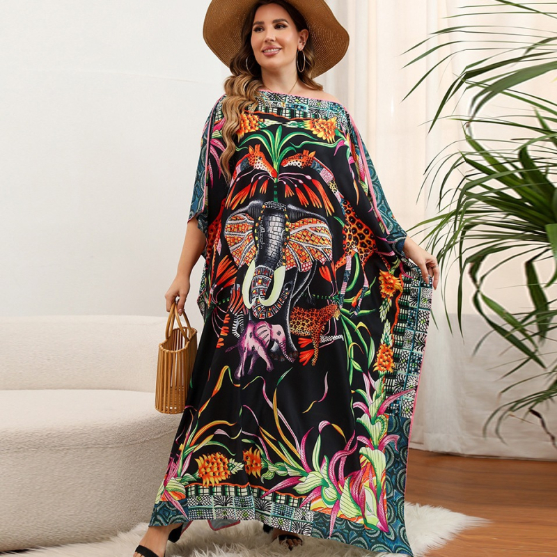 Μακριά φόρεμα με μανίκια τύπου bat, ethnic ρετρό σιλουέτα, ύφασμα πολυεστερικό σατινέ, επένδυση πολυεστερική, βάρος υφάσματος 280 g/m²