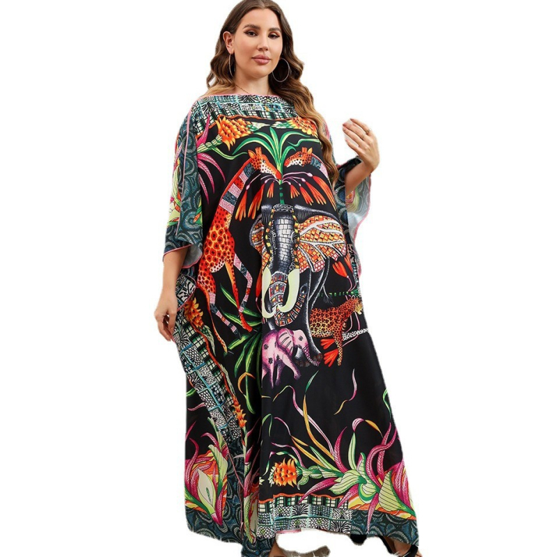 Μακριά φόρεμα με μανίκια τύπου bat, ethnic ρετρό σιλουέτα, ύφασμα πολυεστερικό σατινέ, επένδυση πολυεστερική, βάρος υφάσματος 280 g/m²