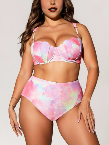 Ženski dvodijelni bikini s gradientnim printom u obliku školjke, naramenice s perlama, podstavljen gornji dio, materijal poliester-spandeks