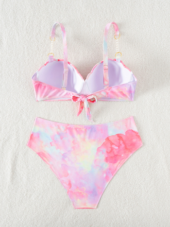 Ženski dvodijelni bikini s gradientnim printom u obliku školjke, naramenice s perlama, podstavljen gornji dio, materijal poliester-spandeks