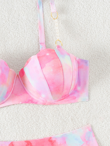 Ženski dvodijelni bikini s gradientnim printom u obliku školjke, naramenice s perlama, podstavljen gornji dio, materijal poliester-spandeks