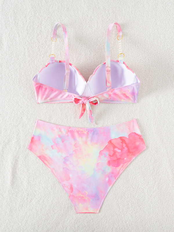 Ženski dvodijelni bikini s gradientnim printom u obliku školjke, naramenice s perlama, podstavljen gornji dio, materijal poliester-spandeks