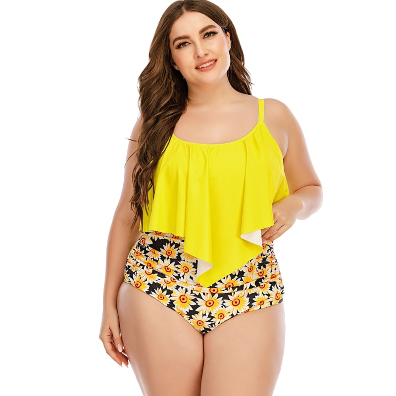 Costum de baie bikini cu talie înaltă, imprimeu, cu burete pentru sân, fără mâneci, material poliester-spandex