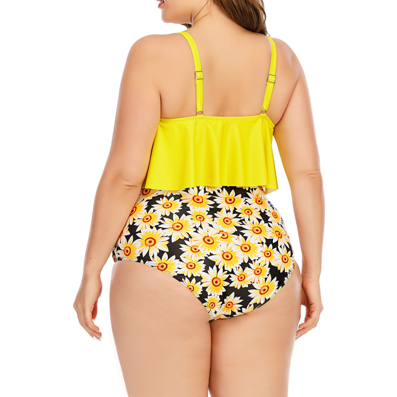 Costum de baie bikini cu talie înaltă, imprimeu, cu burete pentru sân, fără mâneci, material poliester-spandex