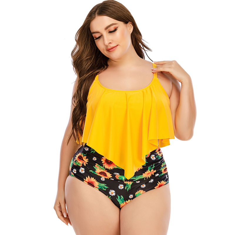 Costum de baie bikini cu talie înaltă, imprimeu, cu burete pentru sân, fără mâneci, material poliester-spandex