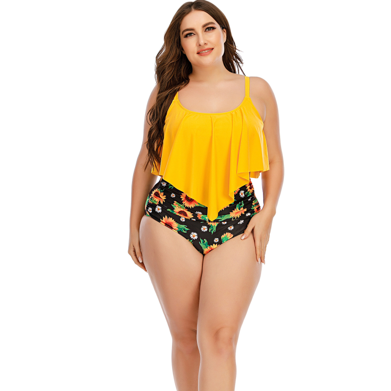 Costum de baie bikini cu talie înaltă, imprimeu, cu burete pentru sân, fără mâneci, material poliester-spandex