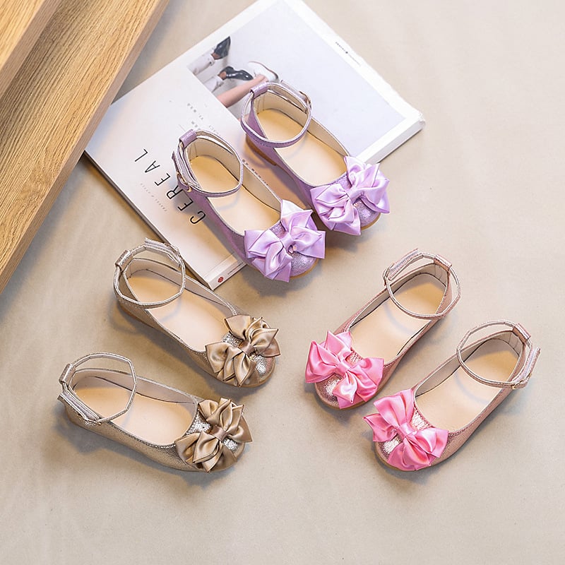 Pantofi pentru fete – Papuci de prințesă cu funda în stil coreean, PU peste, talpă din cauciuc, închidere cu cataramă