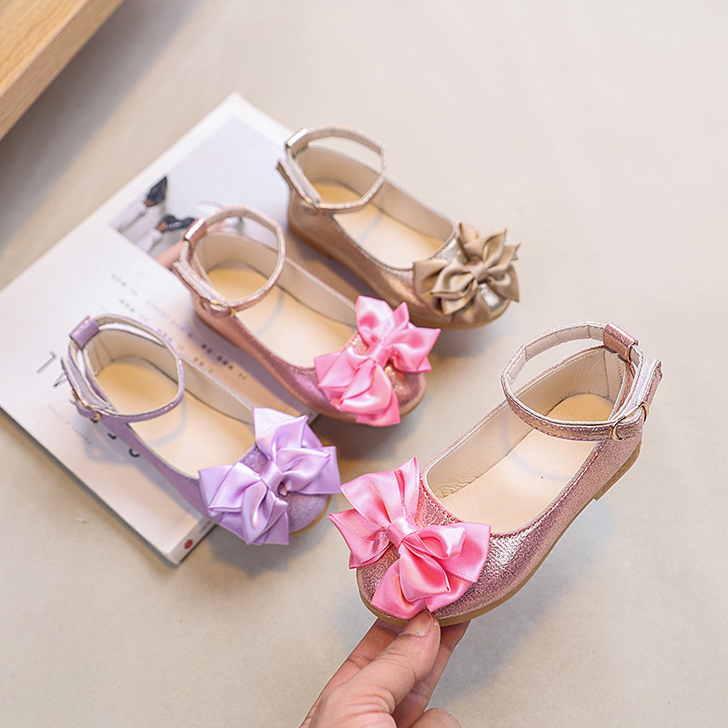 Pantofi pentru fete – Papuci de prințesă cu funda în stil coreean, PU peste, talpă din cauciuc, închidere cu cataramă