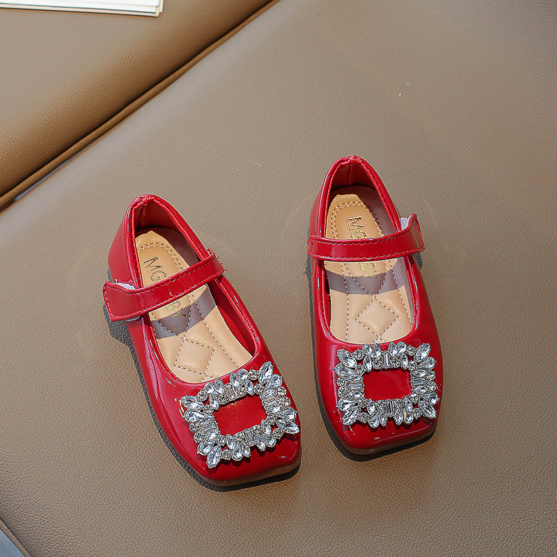 Gyerekeknek szóló PU bőrből készült hercegnői balerina kristályokkal, Velcro zárás, TPR talp