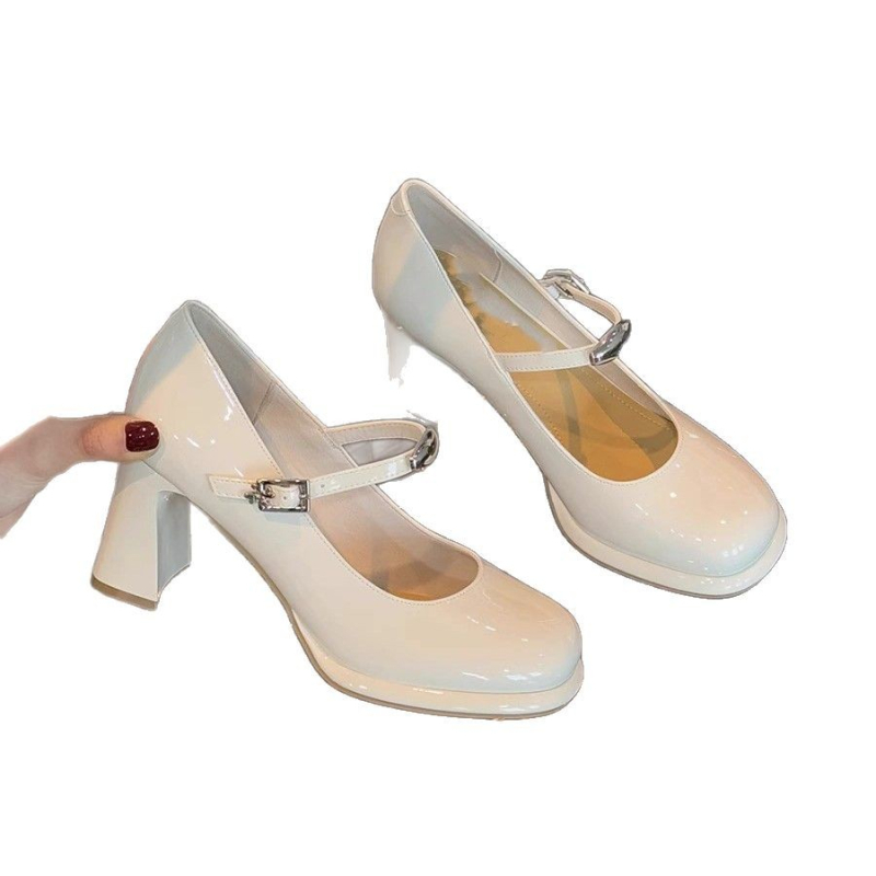 Mary Jane bateliai su sagtimi, PU viršus, guminis padas, vidutinio aukščio kulnas 3–5 cm