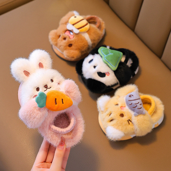 Bērnu iekšējās čības ar karikatūras rakstu, pūkaina augšdaļa, EVA zole, izlaists 2024. gada rudens