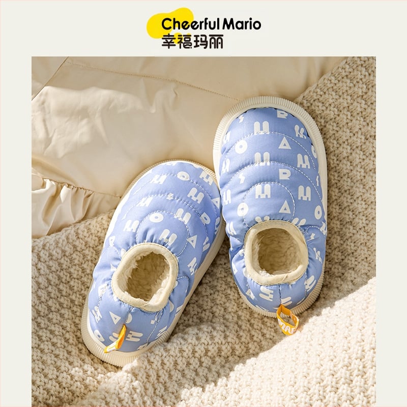 Bērnu iekšējās kurpītes no kokvilnas, siltas ar pūkainu augšpusi, karikatūru stila, zēniem un meitenēm, vecuma grupai 1–3 un 4–6 gadi; augšējā daļa: down cloth; zole: PVC; biezums: biezināts