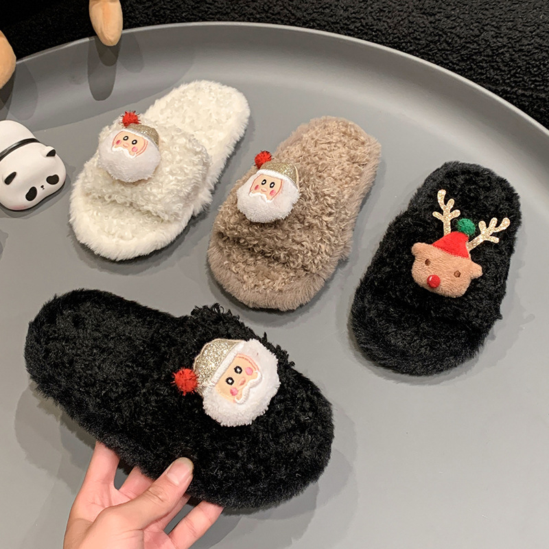Bērnu pūkainas čības, ziemā silts iekšējā mīkstā zole, karikatūras dizains Ziemassvētku vecītis, unisex, vecums 7–16