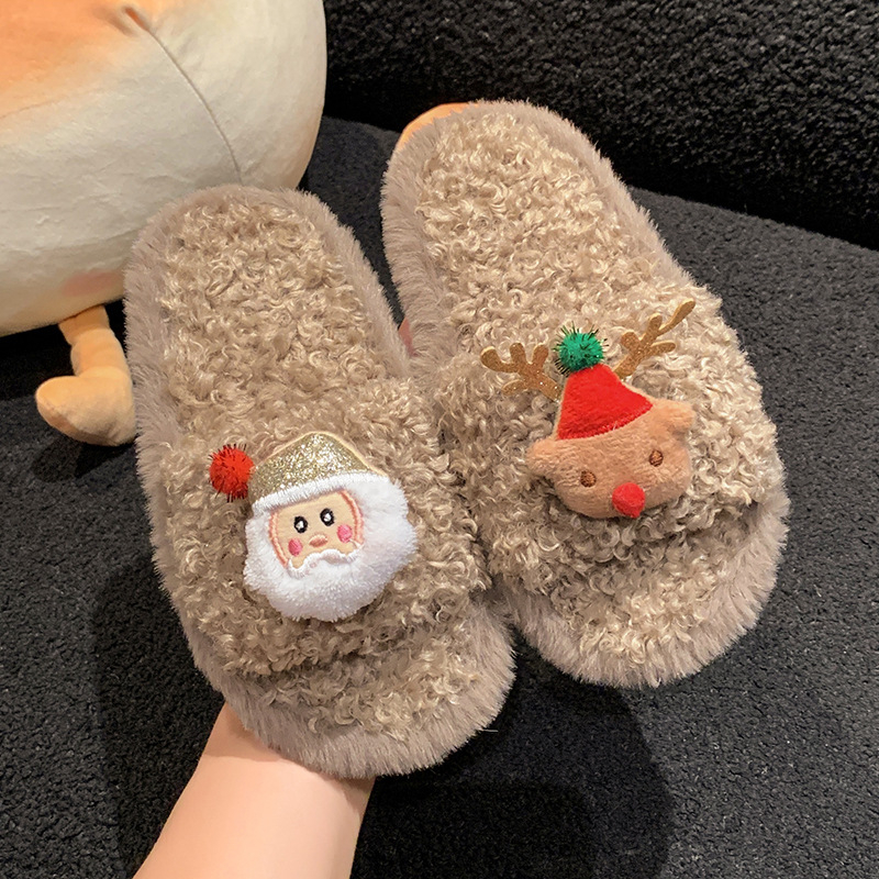 Bērnu pūkainas čības, ziemā silts iekšējā mīkstā zole, karikatūras dizains Ziemassvētku vecītis, unisex, vecums 7–16
