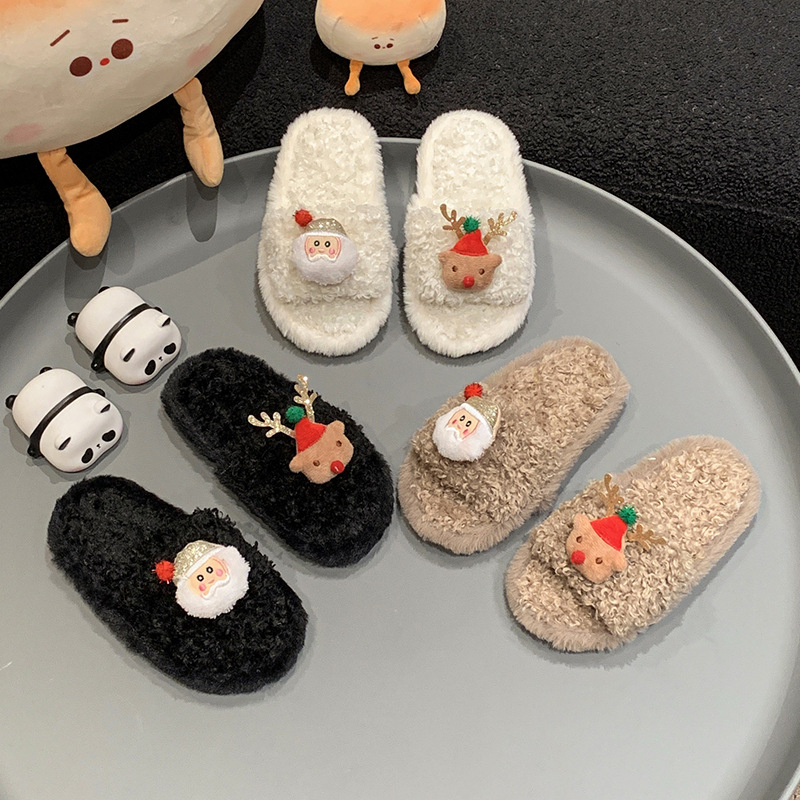 Bērnu pūkainas čības, ziemā silts iekšējā mīkstā zole, karikatūras dizains Ziemassvētku vecītis, unisex, vecums 7–16