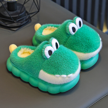 Bērnu kokvilnas čības ar dinosaura rakstu, pūkaina augšdaļa, pretslīdēšana, vecums 1–12 gadi