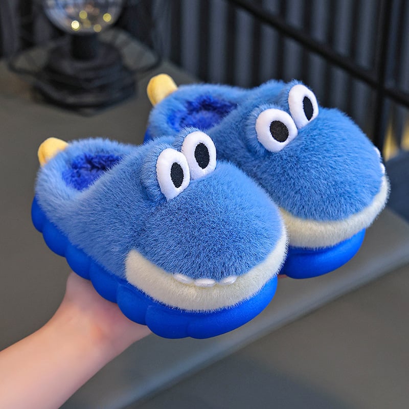 Bērnu kokvilnas čības ar dinosaura rakstu, pūkaina augšdaļa, pretslīdēšana, vecums 1–12 gadi