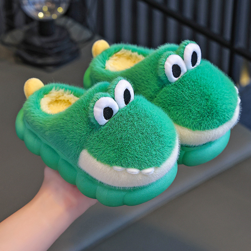 Bērnu kokvilnas čības ar dinosaura rakstu, pūkaina augšdaļa, pretslīdēšana, vecums 1–12 gadi