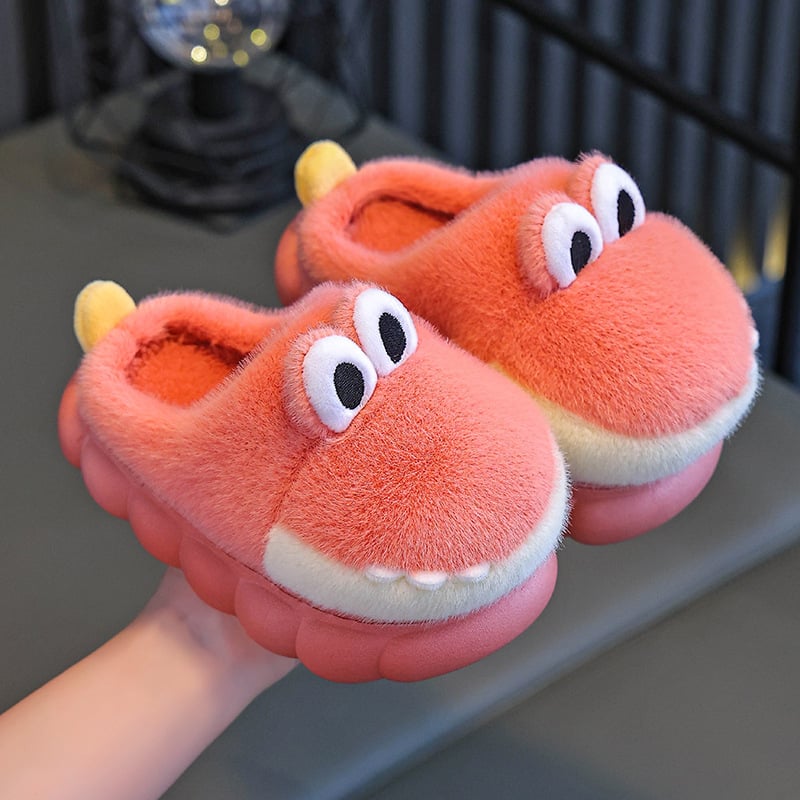 Bērnu kokvilnas čības ar dinosaura rakstu, pūkaina augšdaļa, pretslīdēšana, vecums 1–12 gadi