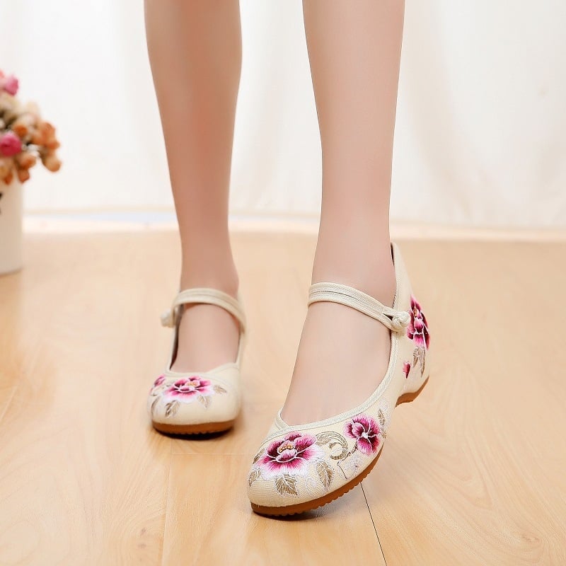 Hanfu hímzett cipő, etnikus vászon felsőrész, wedge sarok 1–3 cm, belső pamut, textil talp, nőknek, nyár–tavasz–ősz