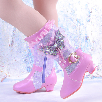 Lányoknak készült koreai stílusú magas sarkú bokacsizma kristályos pillangó motívummal, bélelt fleece-sel, középmagas, oldalsó cipzár, gumírozott talp