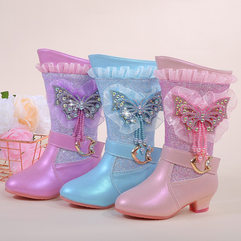 Lányoknak készült koreai stílusú magas sarkú bokacsizma kristályos pillangó motívummal, bélelt fleece-sel, középmagas, oldalsó cipzár, gumírozott talp