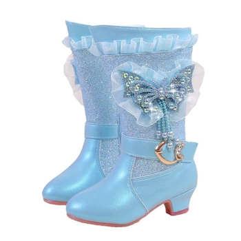 Lányoknak készült koreai stílusú magas sarkú bokacsizma kristályos pillangó motívummal, bélelt fleece-sel, középmagas, oldalsó cipzár, gumírozott talp