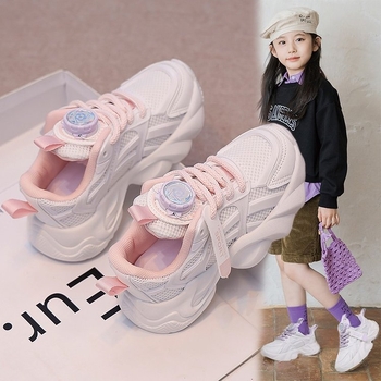 Κοριτσίστικα αθλητικά παπούτσια με διαπνέουσα κατασκευή PU και δίχτυ, κλείσιμο με περιστρεφόμενο κουμπί, σόλα από καουουκ, για κορίτσια 7–12 ετών