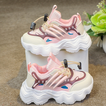 Unisex παιδικά παπούτσια τύπου dad shoes με επάνω PU+mesh, σόλα από καουτσούκ, κλείσιμο με αγκράφα, αναπνέοντα και ελαφριά, σχέδιο μπλοκ