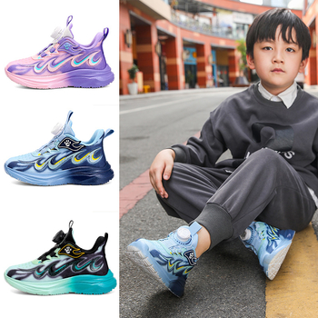 Παιδικά παπούτσια τρεξίματος – διχτυωτό πάνω μέρος για διαπνοή, λεπτομέρεια με κουμπί φλόγας, ελαφριά και ανθεκτικά, σόλα EVA, κλείσιμο με περιστρεφόμενα κουμπιά, για ηλικίες 4–16 ετών