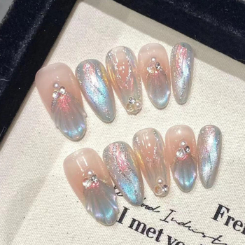 Αυτοκόλλητες επιφάνειες νυχιών για φορετά νύχια – Χειροποίητο 3D θαλάσσιο σχέδιο, Αφαιρούμενο gel νύχι