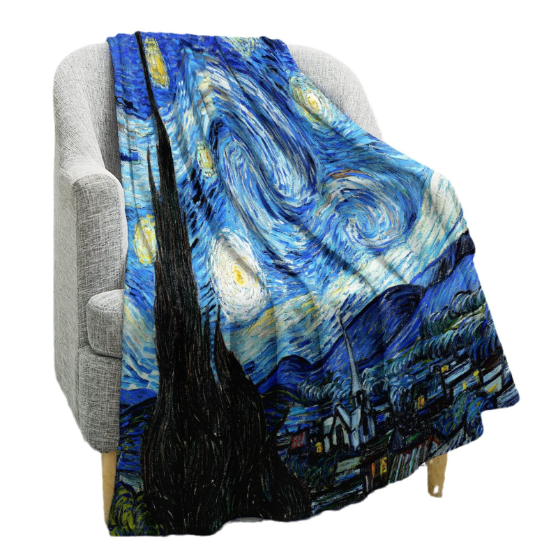Van Gogo Žvaigždėta Naktis Flanelė pledas – lengvas poliesterio pluoštas, tinkamas visoms sezonoms, šiuolaikiškas minimalistinis stilius, įkvėpta aliejinės tapybos