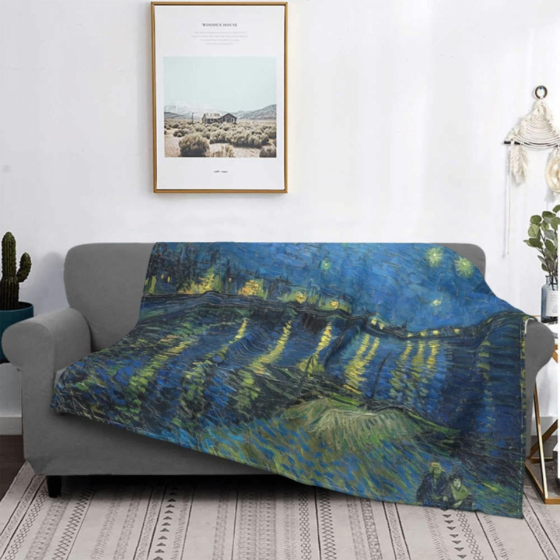Van Gogo Žvaigždėta Naktis Flanelė pledas – lengvas poliesterio pluoštas, tinkamas visoms sezonoms, šiuolaikiškas minimalistinis stilius, įkvėpta aliejinės tapybos