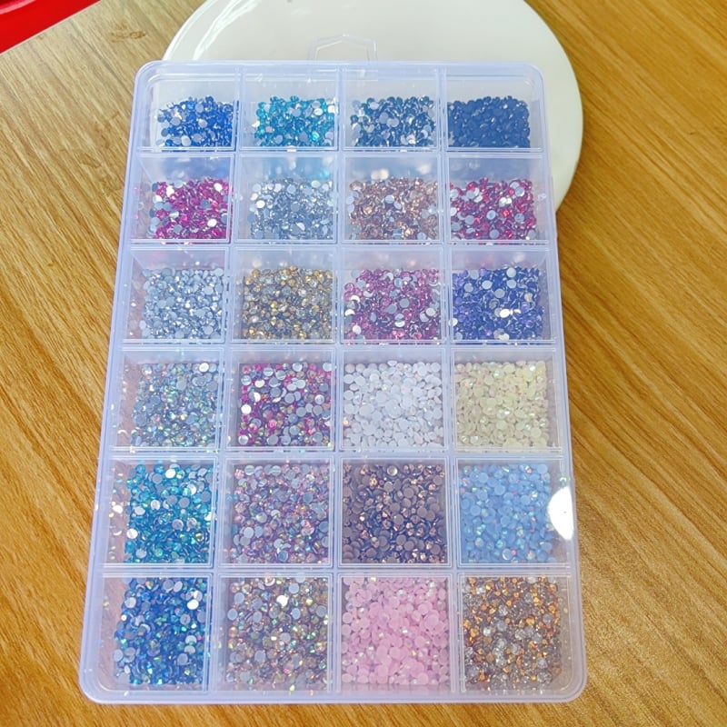 Mo ran AB fluorescencijske resin rhinestones za nokte, s plosnim stražnjim dijelom, kutija s 24 odjeljaka, Princess serija, za DIY nakit