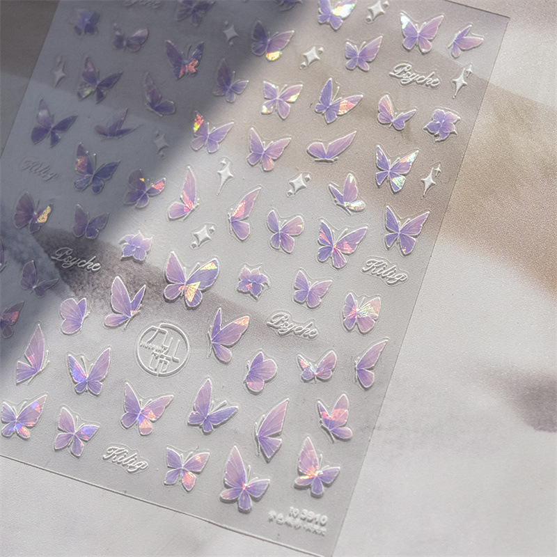 Naljepnica za nokte – motiv leptira, Bowknot, iridescentna školjka, zvjezdasti glitter, ljepilo na poleđini