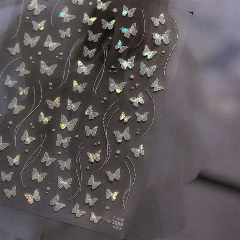 Naljepnica za nokte – motiv leptira, Bowknot, iridescentna školjka, zvjezdasti glitter, ljepilo na poleđini