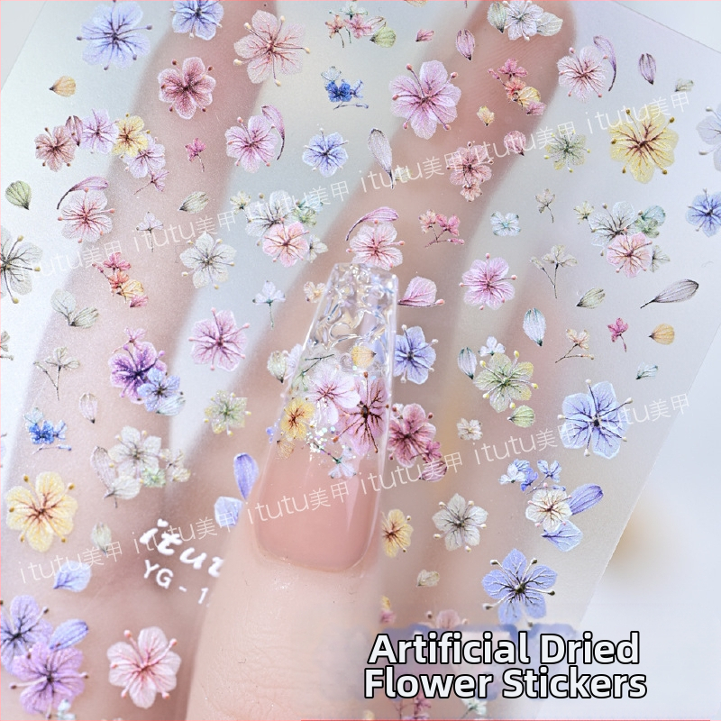 Naljepnice za nokte s osušenim cvijećem, ultra tanke, reljefne, dekorativni cvjetni dizajn (Materijal: naljepnica; Uzorak: cvijeće; Serija: osušeno cvijeće; Marka: Itutu)