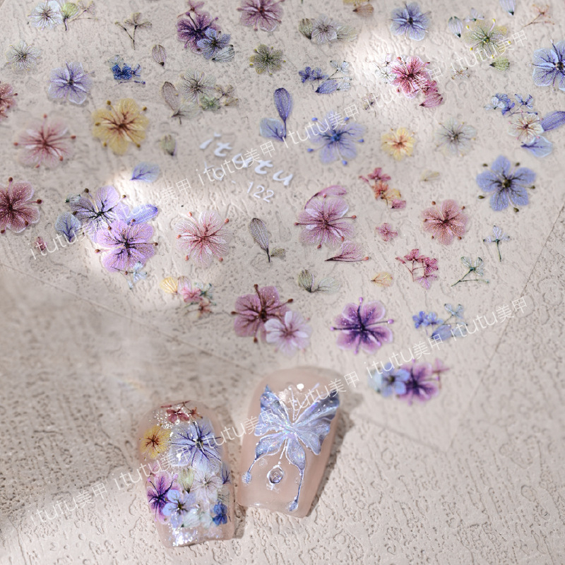 Naljepnice za nokte s osušenim cvijećem, ultra tanke, reljefne, dekorativni cvjetni dizajn (Materijal: naljepnica; Uzorak: cvijeće; Serija: osušeno cvijeće; Marka: Itutu)