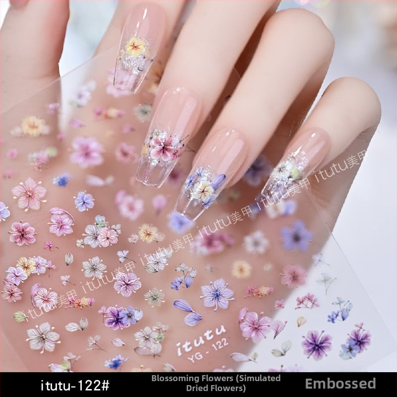 Naljepnice za nokte s osušenim cvijećem, ultra tanke, reljefne, dekorativni cvjetni dizajn (Materijal: naljepnica; Uzorak: cvijeće; Serija: osušeno cvijeće; Marka: Itutu)