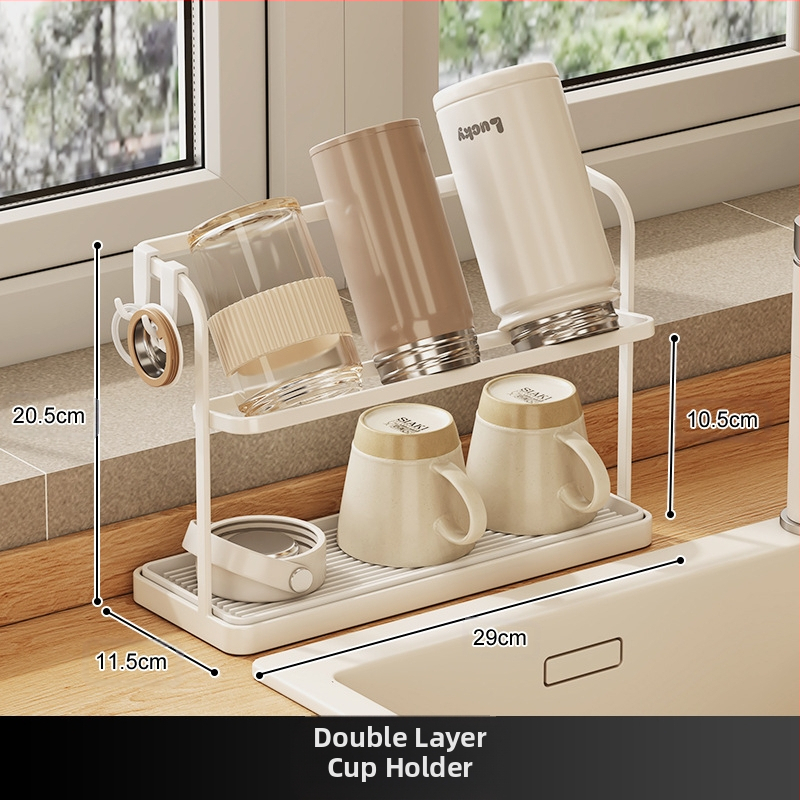 Puodelių laikiklis — dviejų sluoksnių, apversto drenažo dizainas, iš anglies plieno, stalinis arba pakabinamas montavimas, be gręžimo