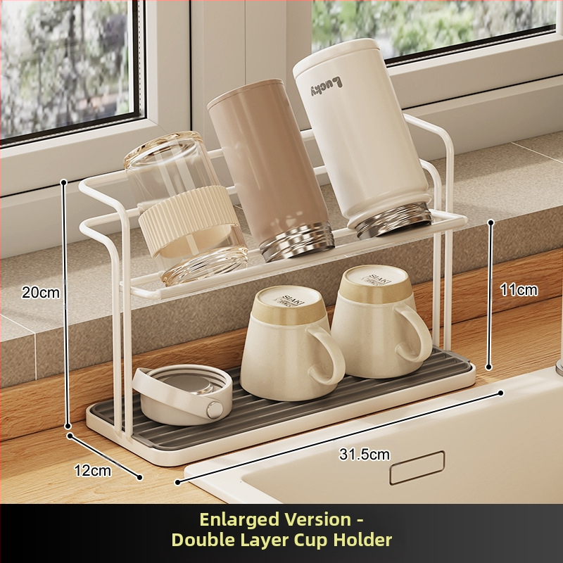 Puodelių laikiklis — dviejų sluoksnių, apversto drenažo dizainas, iš anglies plieno, stalinis arba pakabinamas montavimas, be gręžimo