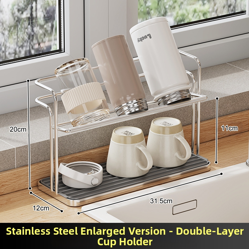 Puodelių laikiklis — dviejų sluoksnių, apversto drenažo dizainas, iš anglies plieno, stalinis arba pakabinamas montavimas, be gręžimo