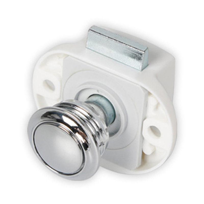 JA103 Ключалка за RV врати и шкафове с бутон дръжка – цинкова сплав, повърхност никел-хром, тегло 40 g, живот над 30k цикъла