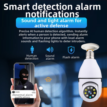 IP камера за лампена патрона E27, безжично вътрешно наблюдение, 1080P нощно виждане, 3.6 мм обектив, 0.1 lux, аларма