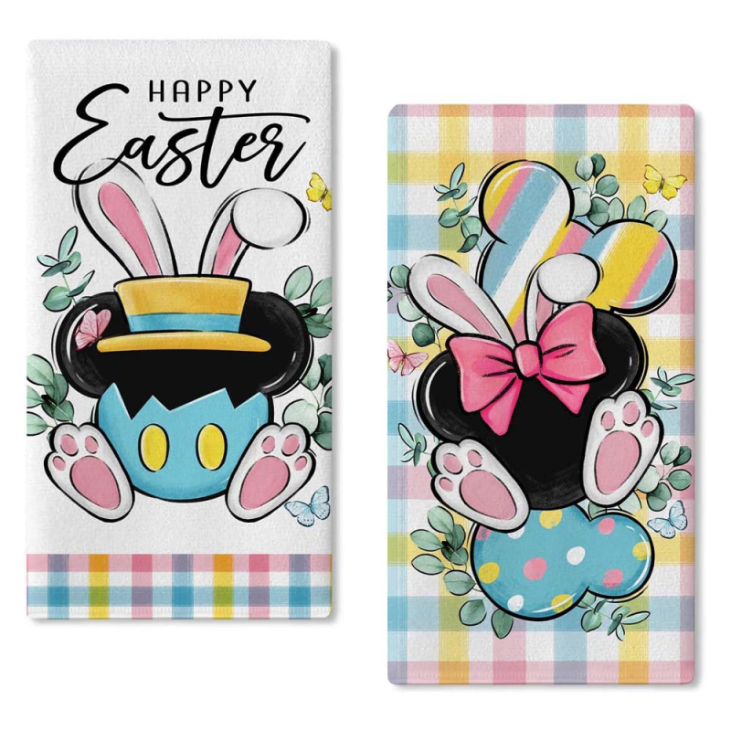 Indų plovimo šluostė su Velykų kiškių ir pelės galvos motyvais; superfininis pluoštas; siūlas 150D; svoris >200 g; pritaikomas apdorojimas